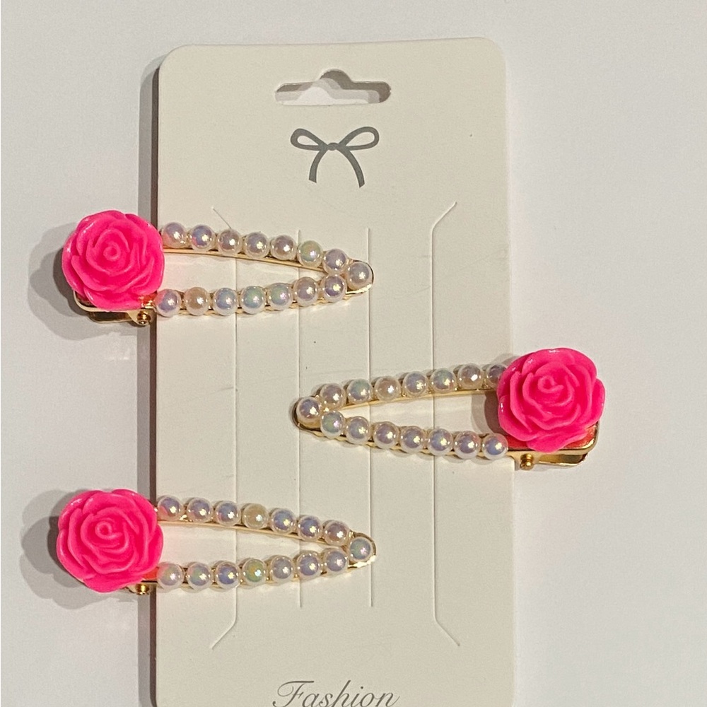 Hot Pink Rose & Pearl Hair Clip Set – 3 Piece